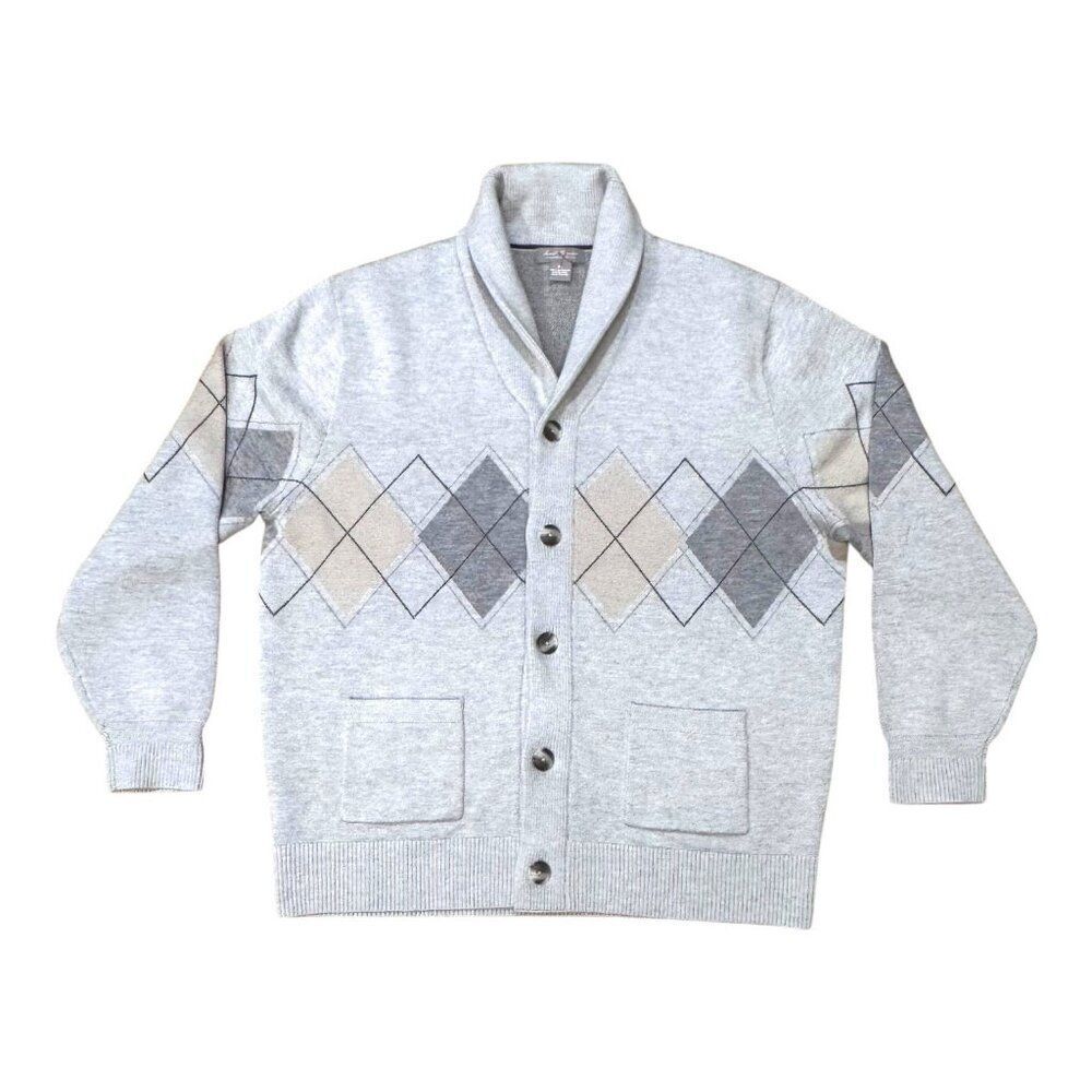 Daniel Cremieux Mens Italian Wool Collar Cardigan Sweater Argyle Pattern Gray XL